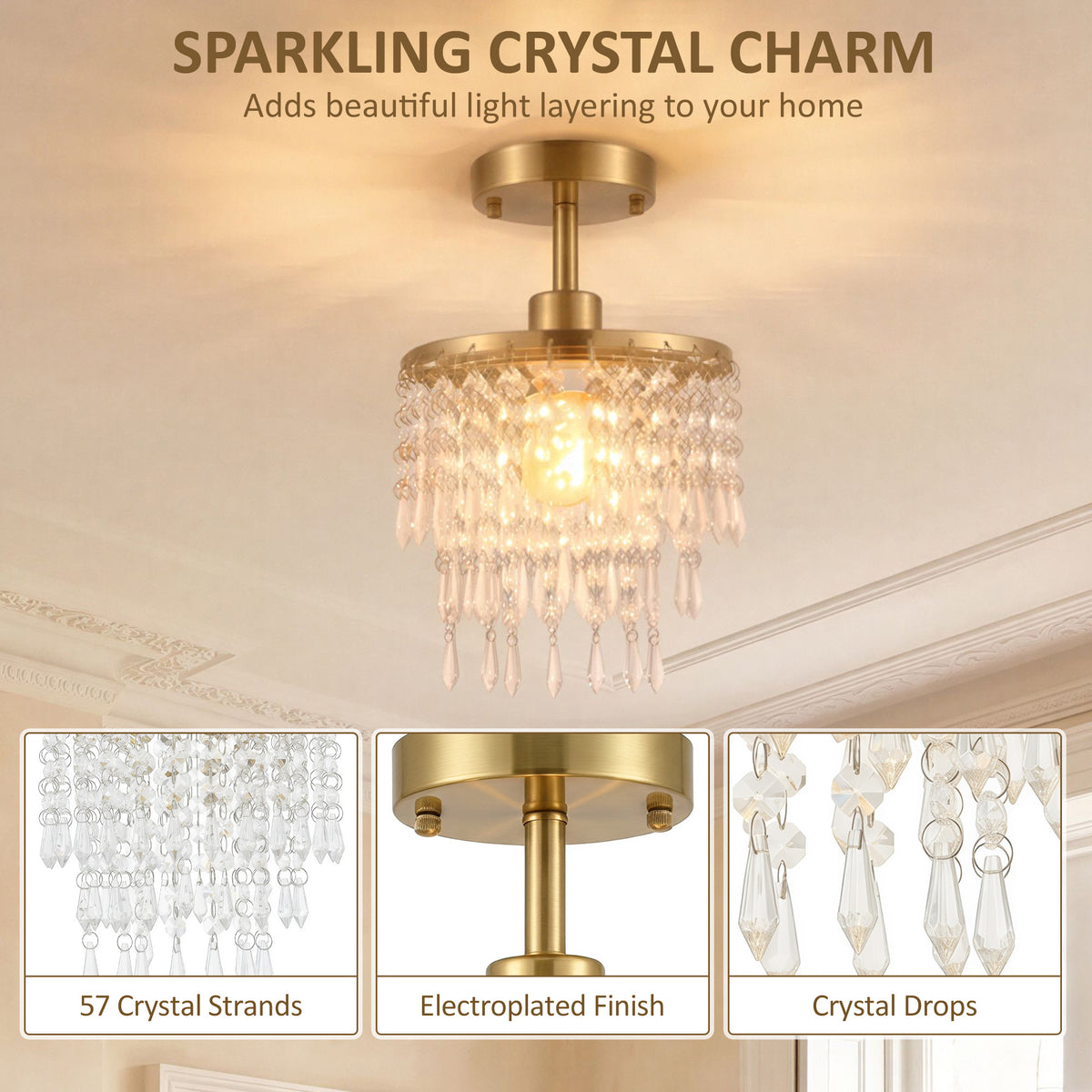 Crystal Ceiling Light with 57 Crystal Strands, Ceiling Light with Mounting Plate for Hallway