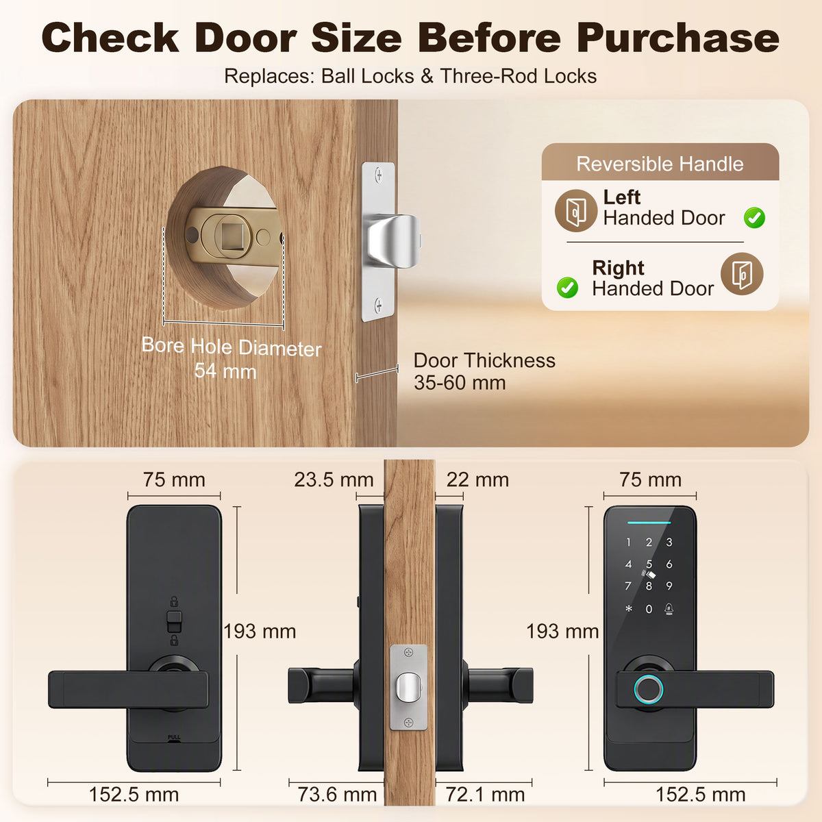 Smart Door Lock, 5-in-1 (Fingerprint/Passcode/Bluetooth APP/NFC Card/Key), Built-in Doorbell, Keyless Electronic Lock