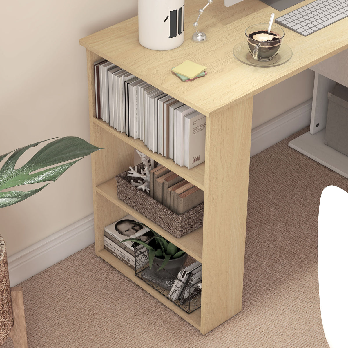 Corner Computer Desk, L Shaped Desk with 360° Rotating Bookshelf, 120L x 110W x 74.5H cm