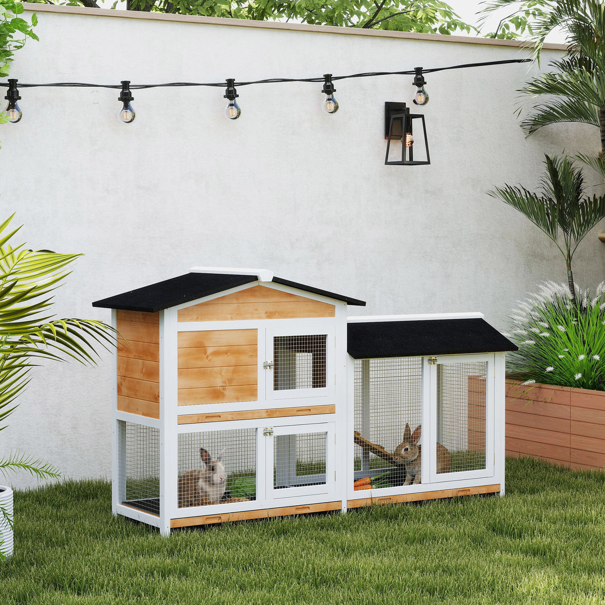 2 Tier Rabbit Hutch with No-leak Plastic Trays Wooden Guinea Pig Hutch with Run, Yellow