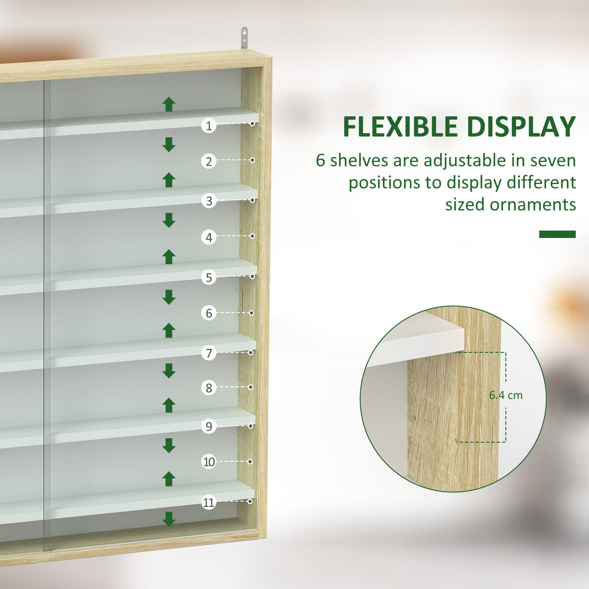 7-Tier Wall Display Shelf Unit Cabinet w/ 6 Adjustable Shelves Glass Doors Home Office Ornaments 83x80cm, Oak