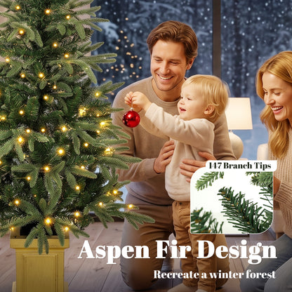 Set of 2 Prelit Christmas Trees with Dual-Colour LEDs, Remote, 4ft Artificial Aspen Fir Battery-Operated, 11 Modes, Pot