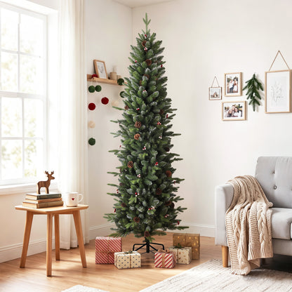 Slim Gracious Pine Xmas Tree, 7ft/210cm Artificial Christmas Tree with 904 Branch Tips, Foldable Steel Stand, Green
