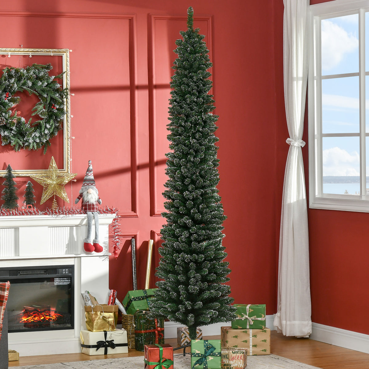 7.5FT Artificial Snow Dipped Christmas Tree Xmas Pencil Tree Holiday Home Indoor Decoration with Foldable Black Stand, Green