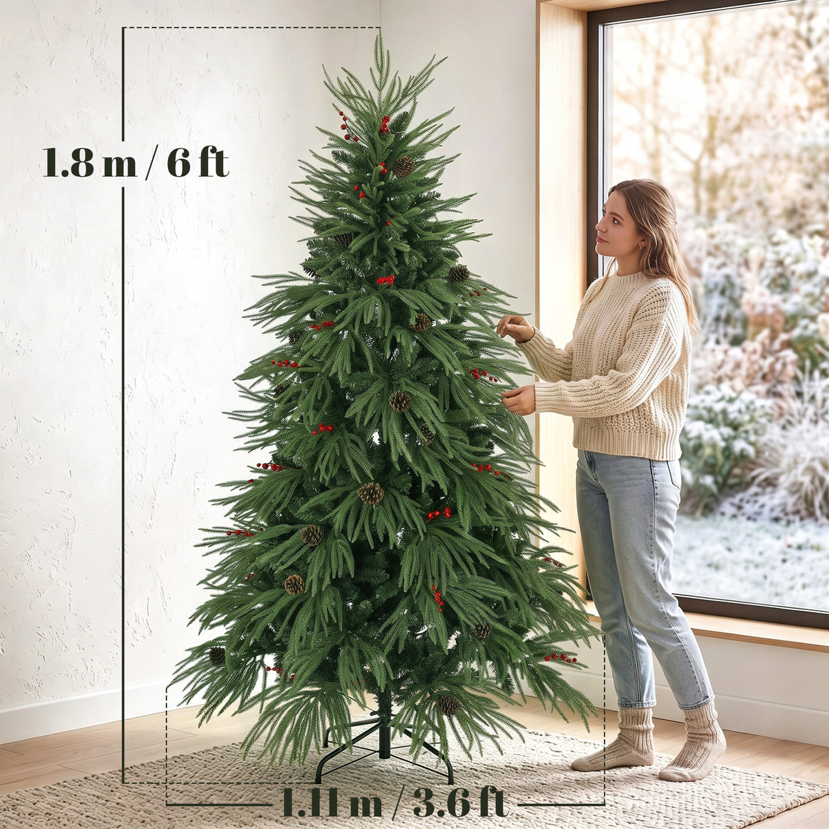 6ft Artificial Christmas Tree with Pinecones, Red Berries, Hinged Predecorated Xmas Tree with 2843 Branch Tips