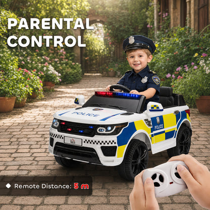 Ride on Police Kids Car 12V Electric Car for 3-6 Years with Remote Control Siren Flashing Lights Suspension, White