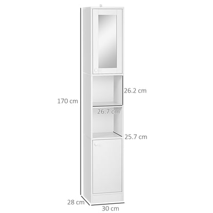 Tall Bathroom Storage Cabinet with Mirror, Narrow Bathroom Unit, Freestanding Bathroom Cupboard with Adjustable Shelves and 2 Doors, White