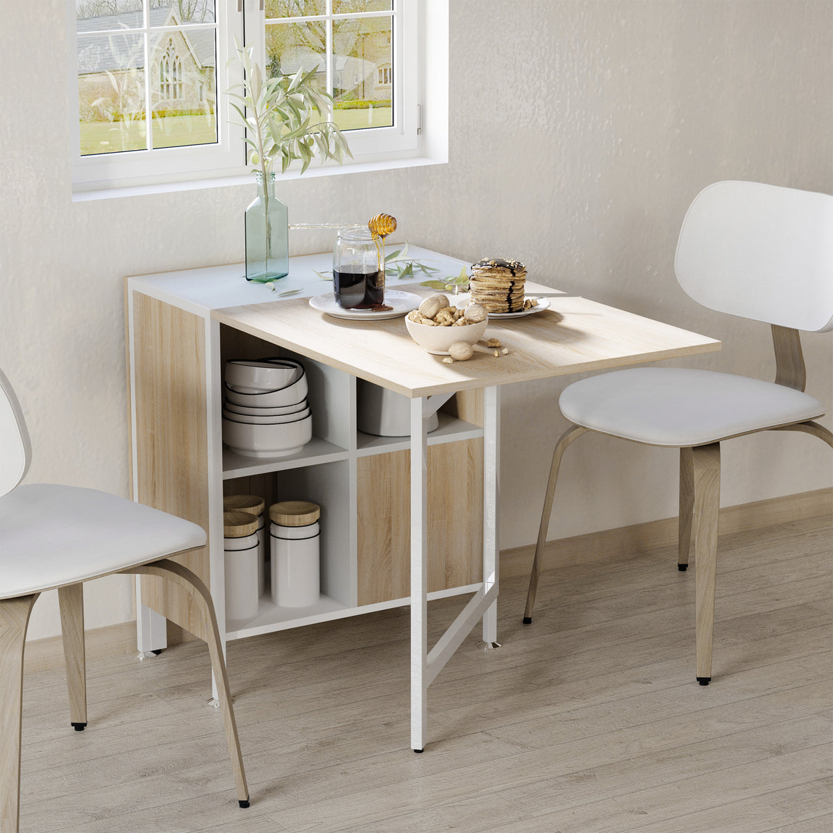 Foldable Drop Leaf Dining Table Folding Workstation for Small Space with Storage Shelves Cubes Oak & White