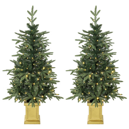 Set of 2 Prelit Christmas Trees with Dual-Colour LEDs, Remote, 4ft Artificial Aspen Fir Battery-Operated, 11 Modes, Pot