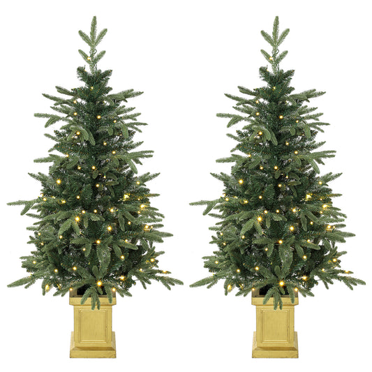 Set of 2 Prelit Christmas Trees with Dual-Colour LEDs, Remote, 4ft Artificial Aspen Fir Battery-Operated, 11 Modes, Pot