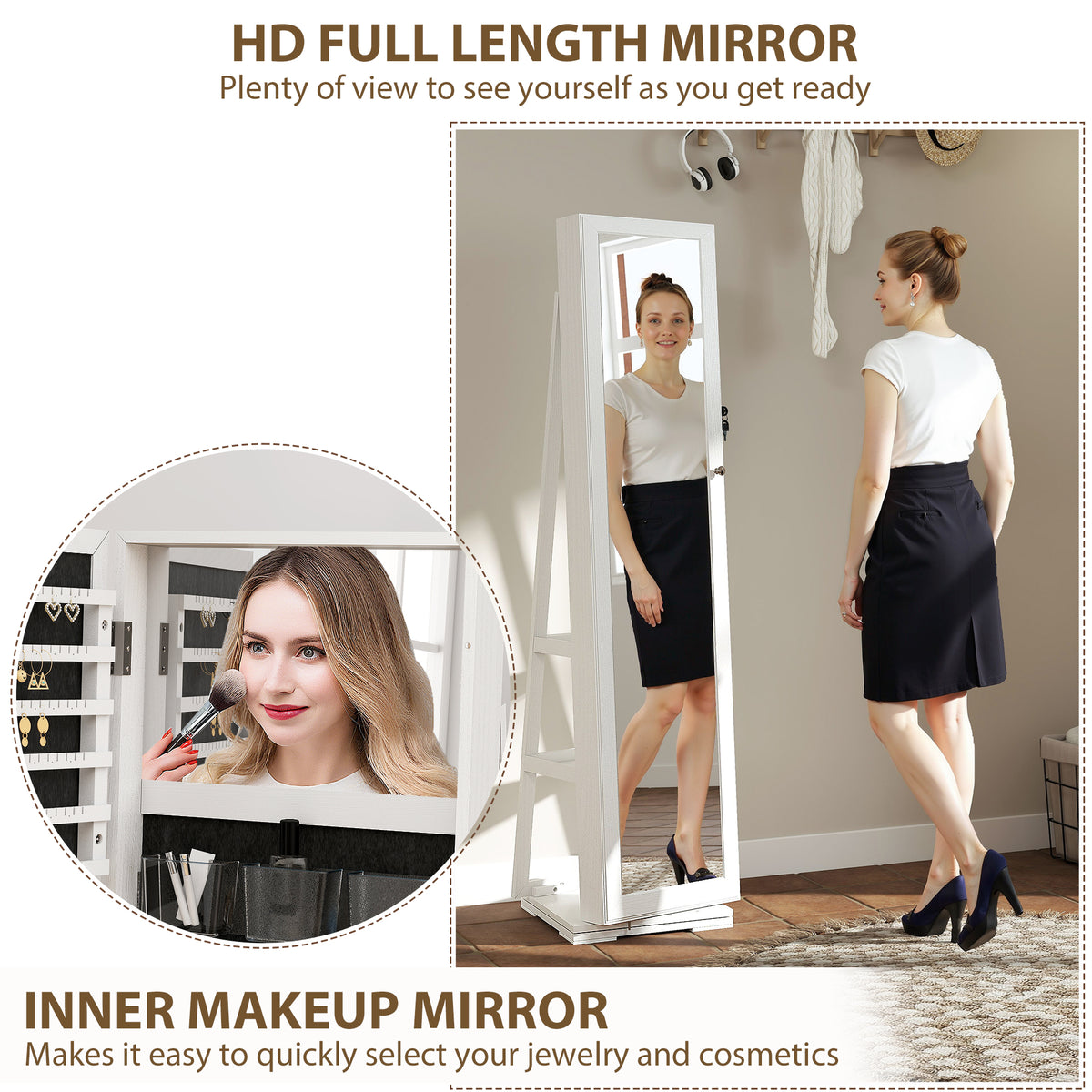 360° Swivel Jewellery Cabinet, Free Standing Full Length Mirror with Storage, Lockable Jewellery Organiser with Built-in Makeup Mirror and Storage Shelves for Bedroom