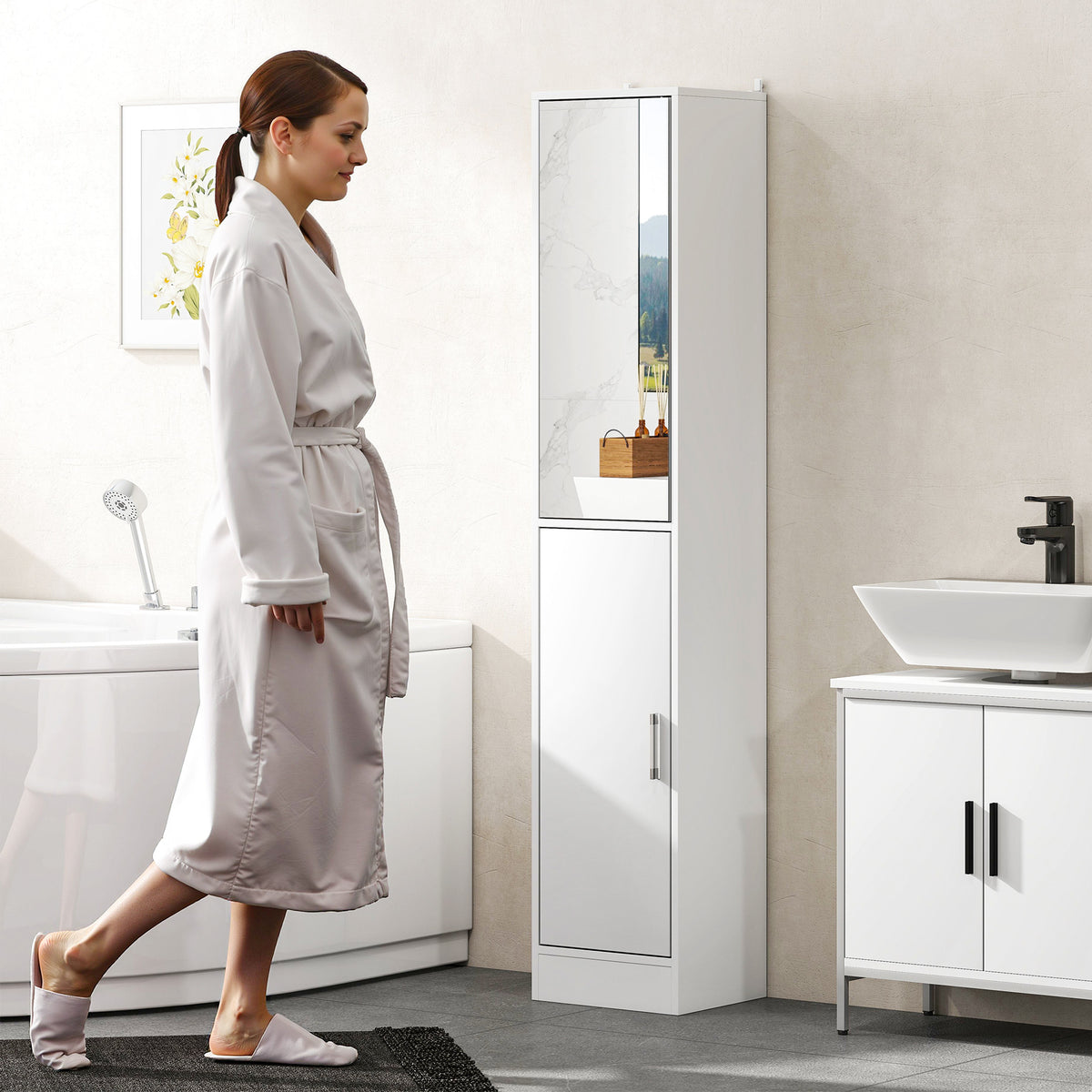 Tall Bathroom Cabinet with Mirror and Adjustable Shelf