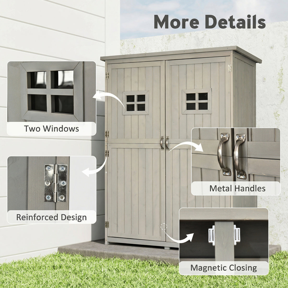 Wooden Garden Shed with Two Windows, Tool Storage Cabinet, Outdoor Double Door Organizer 127.5L x 50W x 164H cm, Grey