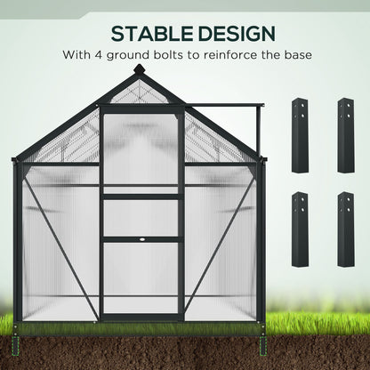 6 x 10ft Polycarbonate Greenhouse, Large Walk-In Green House with Slide Door and Window, Garden Plants Grow House with Aluminium Frame and Foundation, Grey