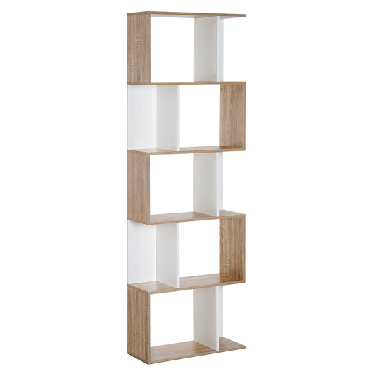 Bookcase, S-Shaped Wooden Bookshelf, 5/6 Tiers Freestanding Storage Shelf, Home Office Decorative Display Stand Rack, Oak and White, 24D x 60W x 184.5H