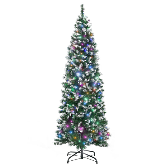 6FT Tall Prelit Pencil Slim Artificial Christmas Tree with Realistic Branches, 300 Colourful LED Lights and 618 Tips, Xmas Decoration, Green