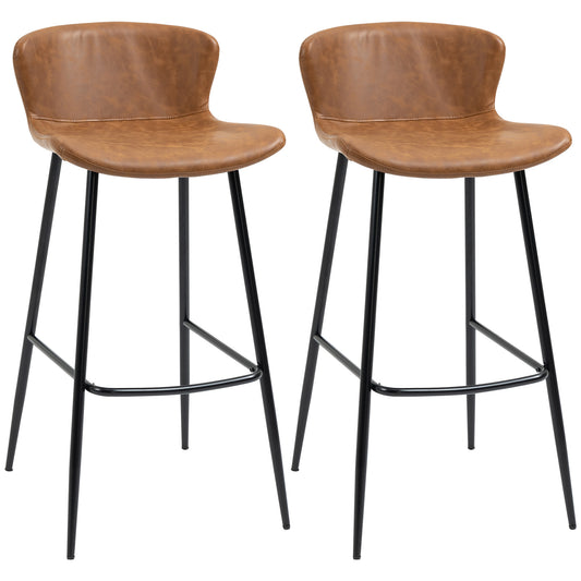 Bar Stools Set of 2, PU Leather Upholstered Bar Chairs, Breakfast Kitchen Counter Chairs with Backs, Steel Legs and Footrests for Dining Room, Brown