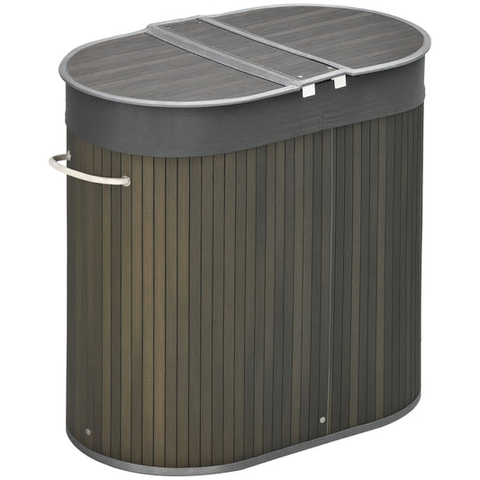 Bamboo Laundry Basket with Lid, 100 Litres Laundry Hamper with 2 Sections, Removable Washable Lining, Washing Baskets, 62.5 x 37 x 60.5cm