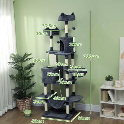 206cm Cat Tree, Multi-Level Cat Tower with Scratching Posts and Board, Beds, Condos, Platforms, Toy Balls, Dark Grey