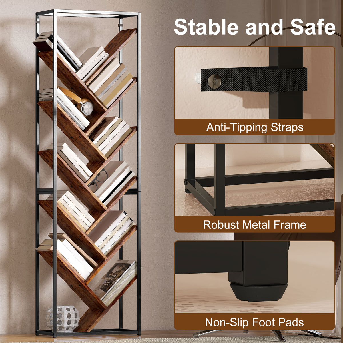 10 Shelf Industrial-Style Bookshelf - Black/Brown