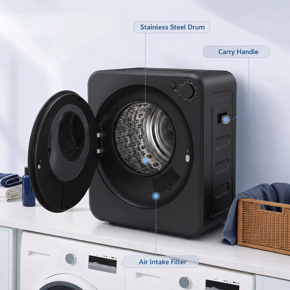 4kg Front Load Laundry Dryer, Portable Clothes Dryer with 2 Power Modes, 400W/800W