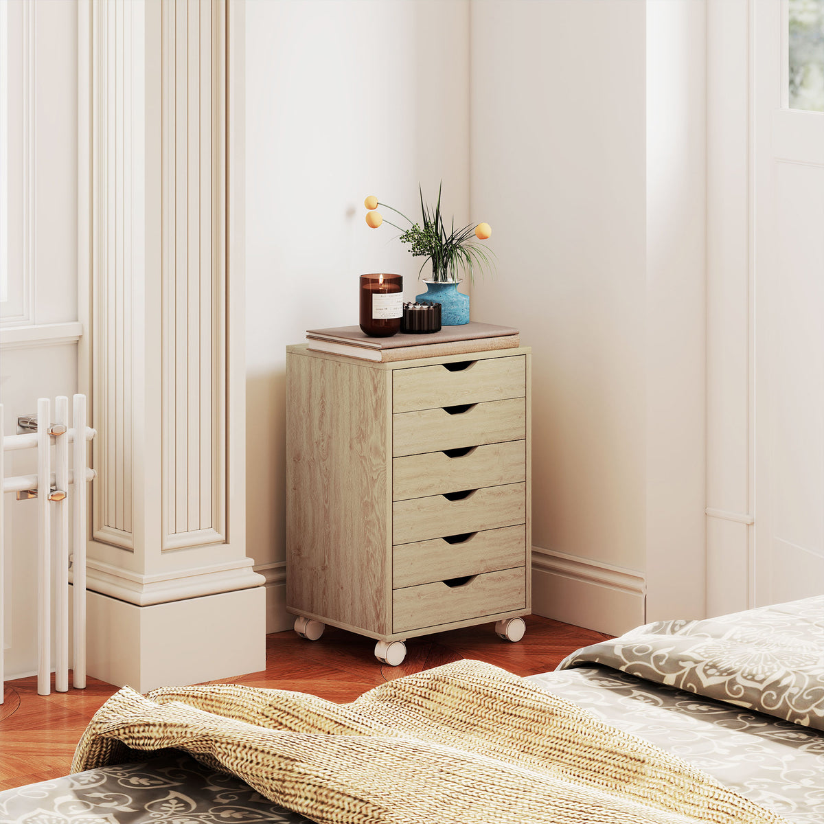 6 Drawer Vertical File Cabinet, Mobile Filing Cabinet with Quiet Drawers and Wheels with 2 Brakes