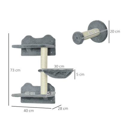 4 Piece Cat Shelf with Scratching Post, Wall-Mounted Cat Tree for Indoor Cat - Grey