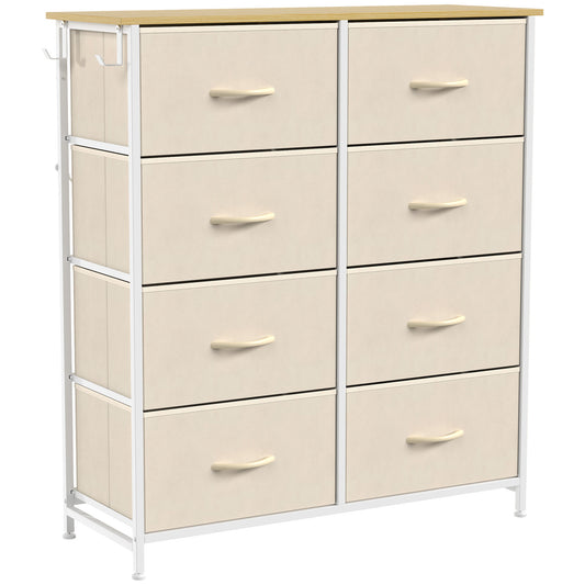 Chest of Drawers, Dresser with 8 Fabric Drawers, Tall Storage Unit with 4 Pockets and 2 Hooks Steel Frame, Beige