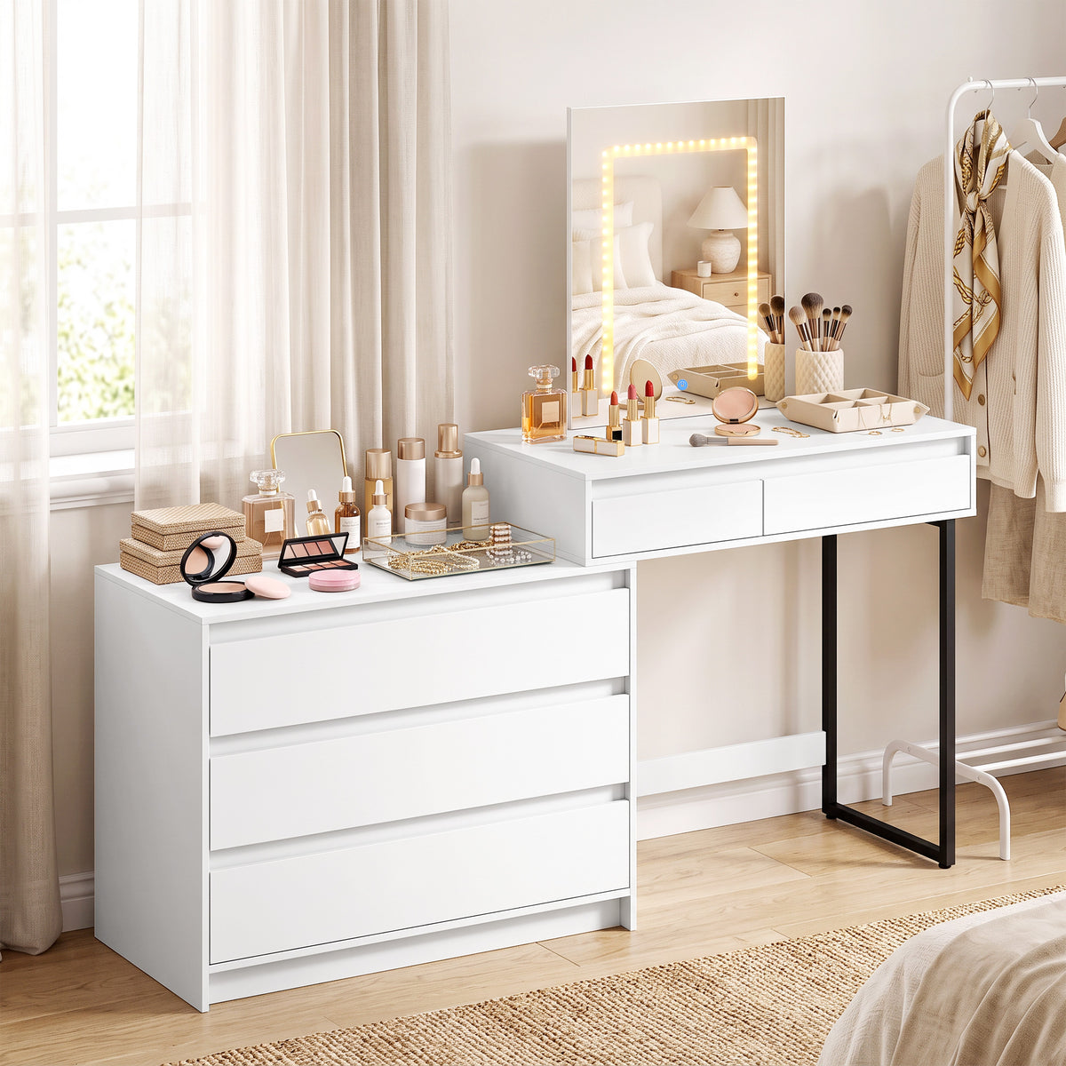 Vanity Makeup Desk LED Mirror Dressing Table Large Storage 5 Drawers White