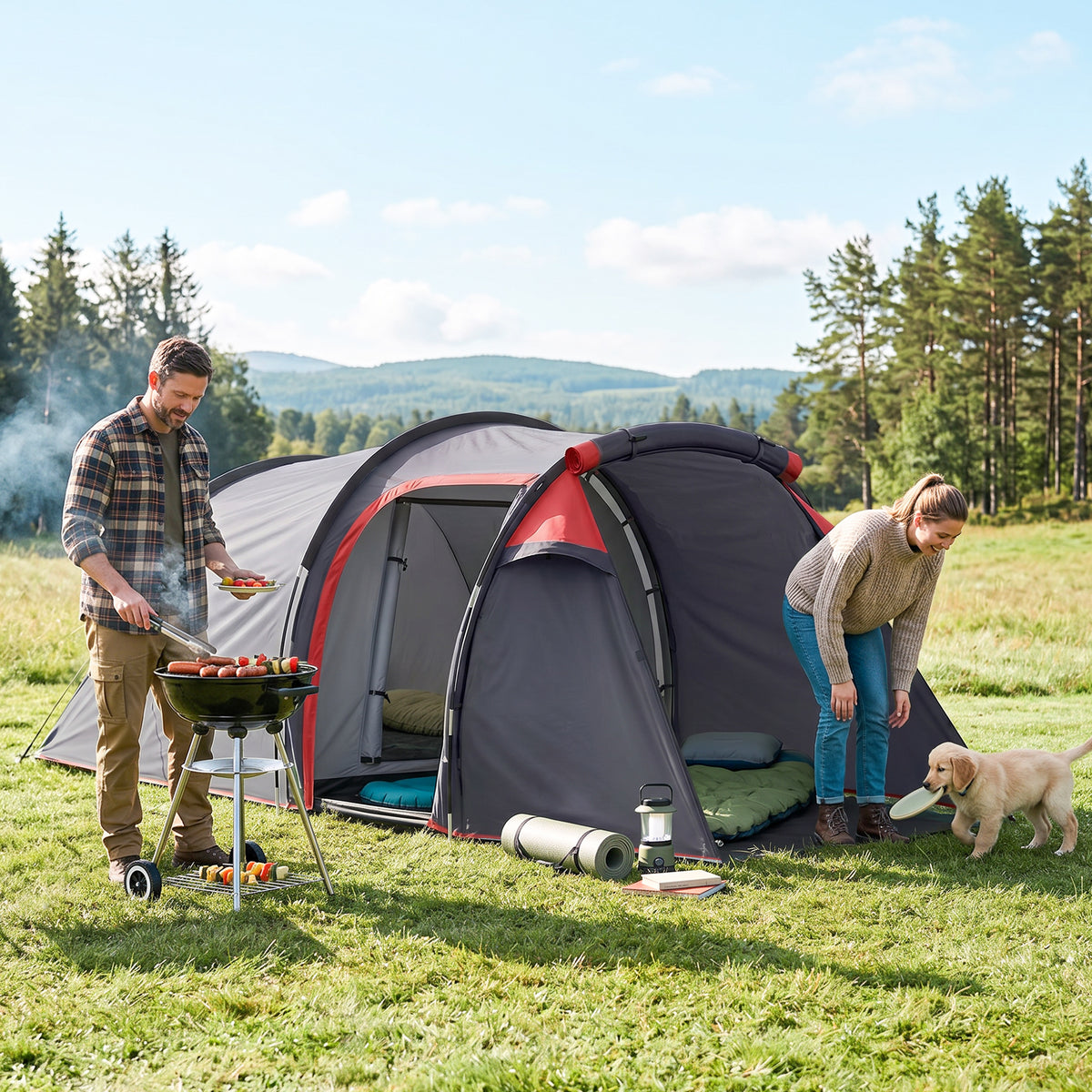 2 Man Tunnel Tent with Sewn-in Groundsheet, Air Vents, Rainfly, 2000mm Large Camping Tent with Bedroom, Porch, Living Area for Camping, Hiking, 426L x 206W x 154H cm