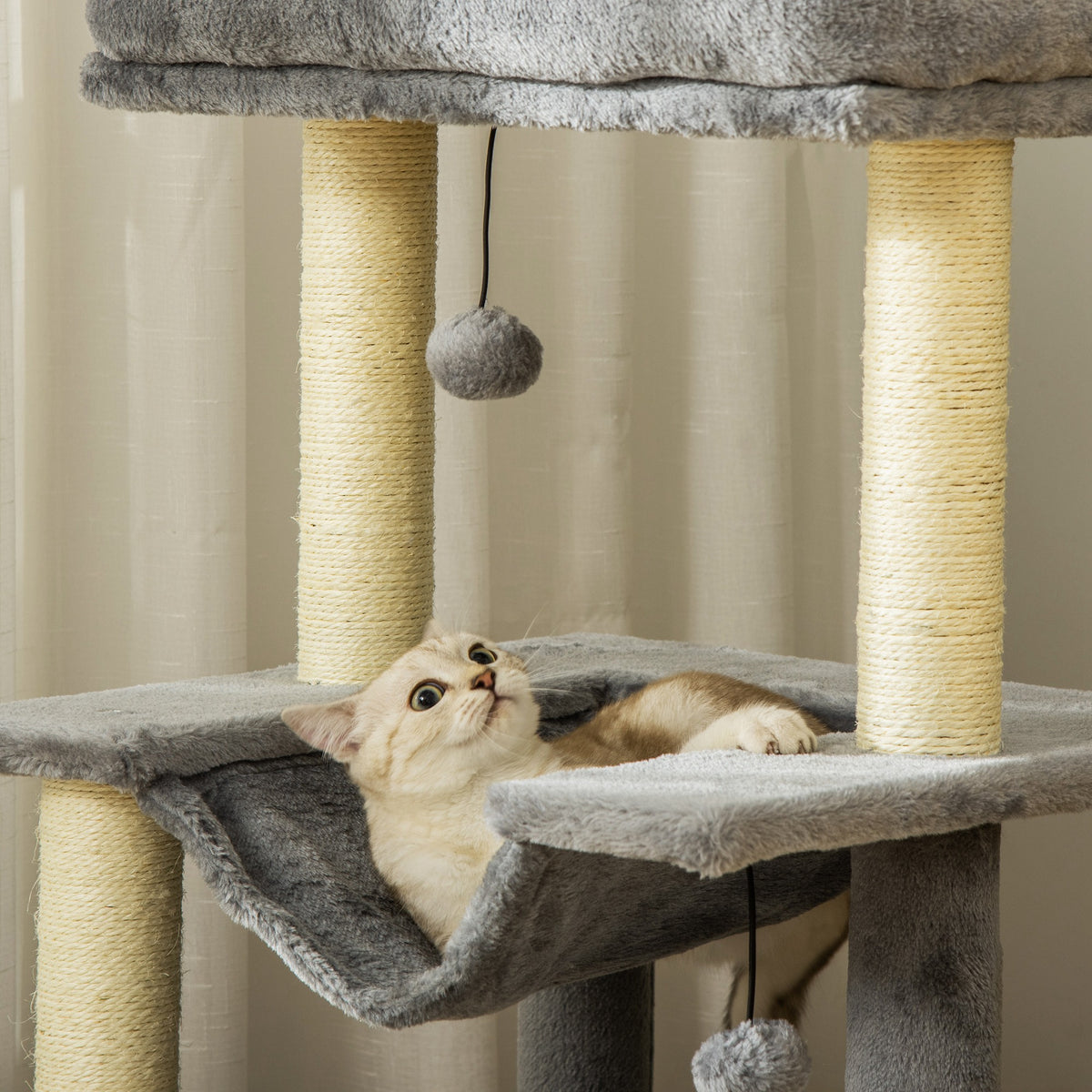 Cat Tree, 90cm Cat Tower with Sisal Scratching Posts, Cat Condo, Hammock, Top Perch and 2 Hanging Toys for Cats