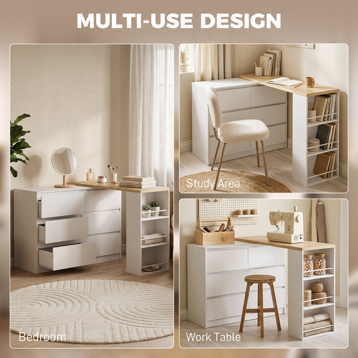 Vanity Table, Dressing Table with 6 Drawers and 3-Tier Shelf for Women and Girls, White