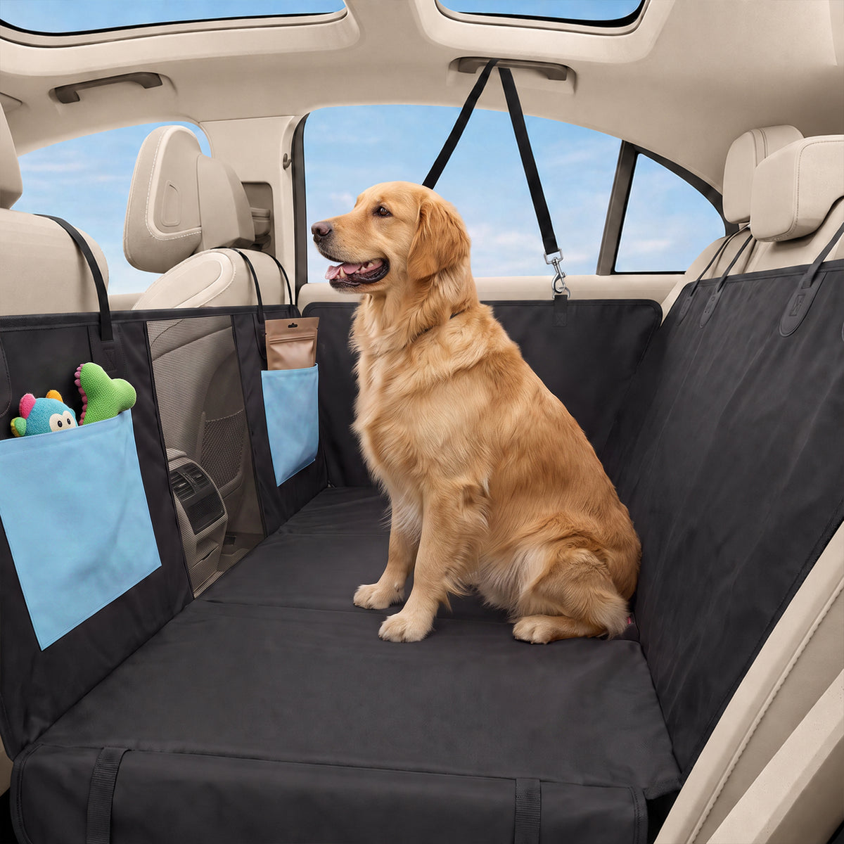 Dog Car Seat Cover, Waterproof Dog Travel Hammock w/ Non-Slip & Anti-Scratch Surface, Mesh Window and Pockets, Blue