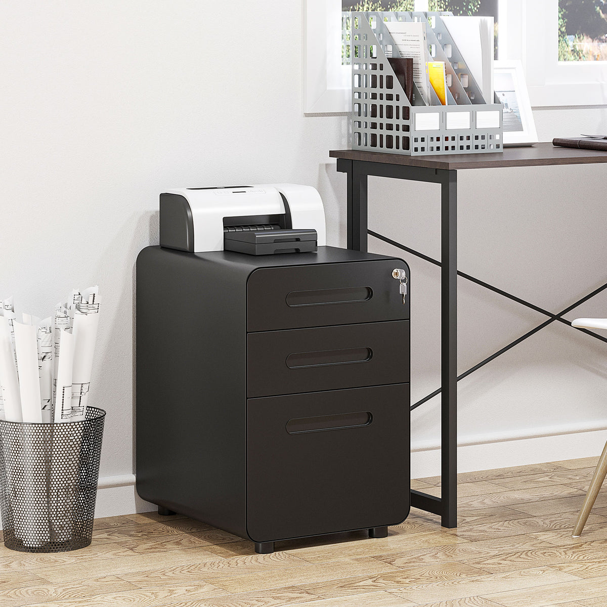 Lockable File Cabinet with 3 Drawers, Vertical Office Drawer for A4, Letter, Legal Size, Anti-tilt Design, Pre-Assembled Body