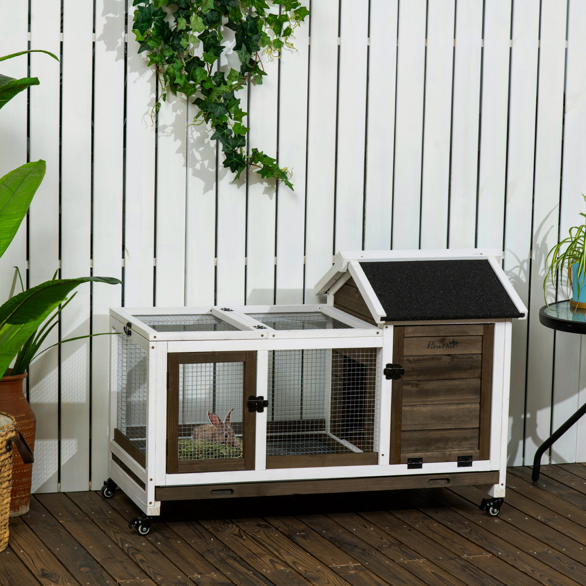 Wooden Rabbit Hutch, Guinea Pig Cage, with Removable Tray, Wheels