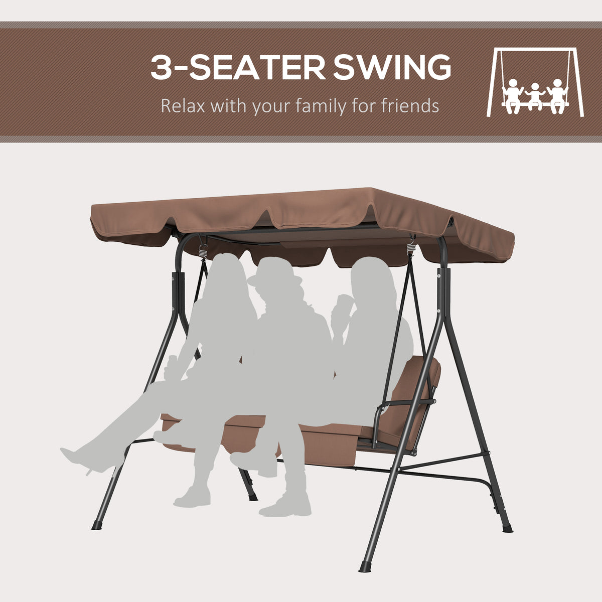 3 Seater Garden Swing Chair, Outdoor Swing Chair with Adjustable Canopy, Mental Frame & Cushions, Brown