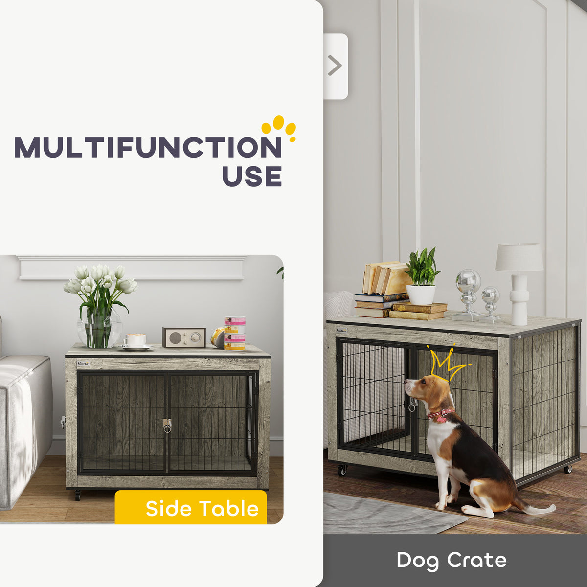 Dog Crate Furniture with Wheels, Double Doors, for Medium Dogs, Grey
