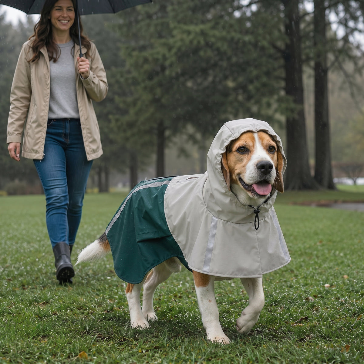 Dog Raincoat with Hood, Waterproof & Breathable Rain Jacket with Leash Hole, for Medium Dogs, Green, M