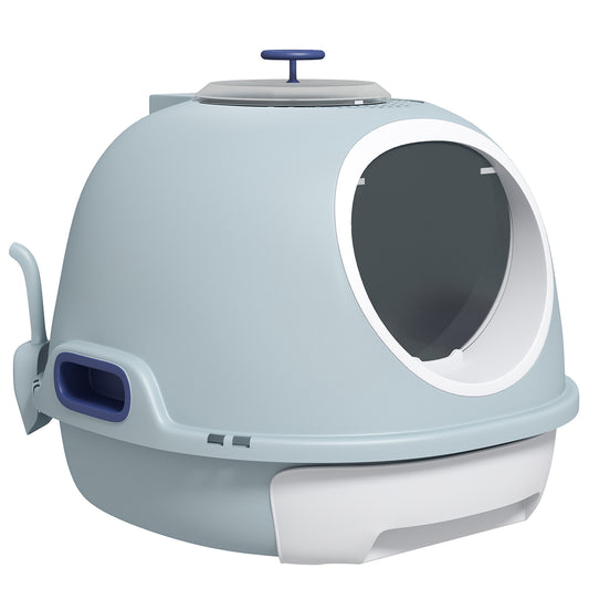 Cat Litter Box Toilet with Litter Scoop Enclosed Drawer, Front Entry Top Exit, Easy To Clean Blue