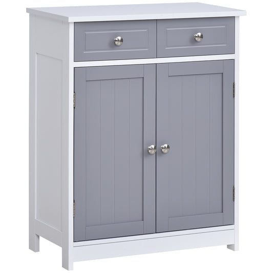 75x60cm Freestanding Bathroom Storage Cabinet Unit w/ 2 Drawers Cupboard Adjustable Shelf Metal Handles Traditional Style Grey White