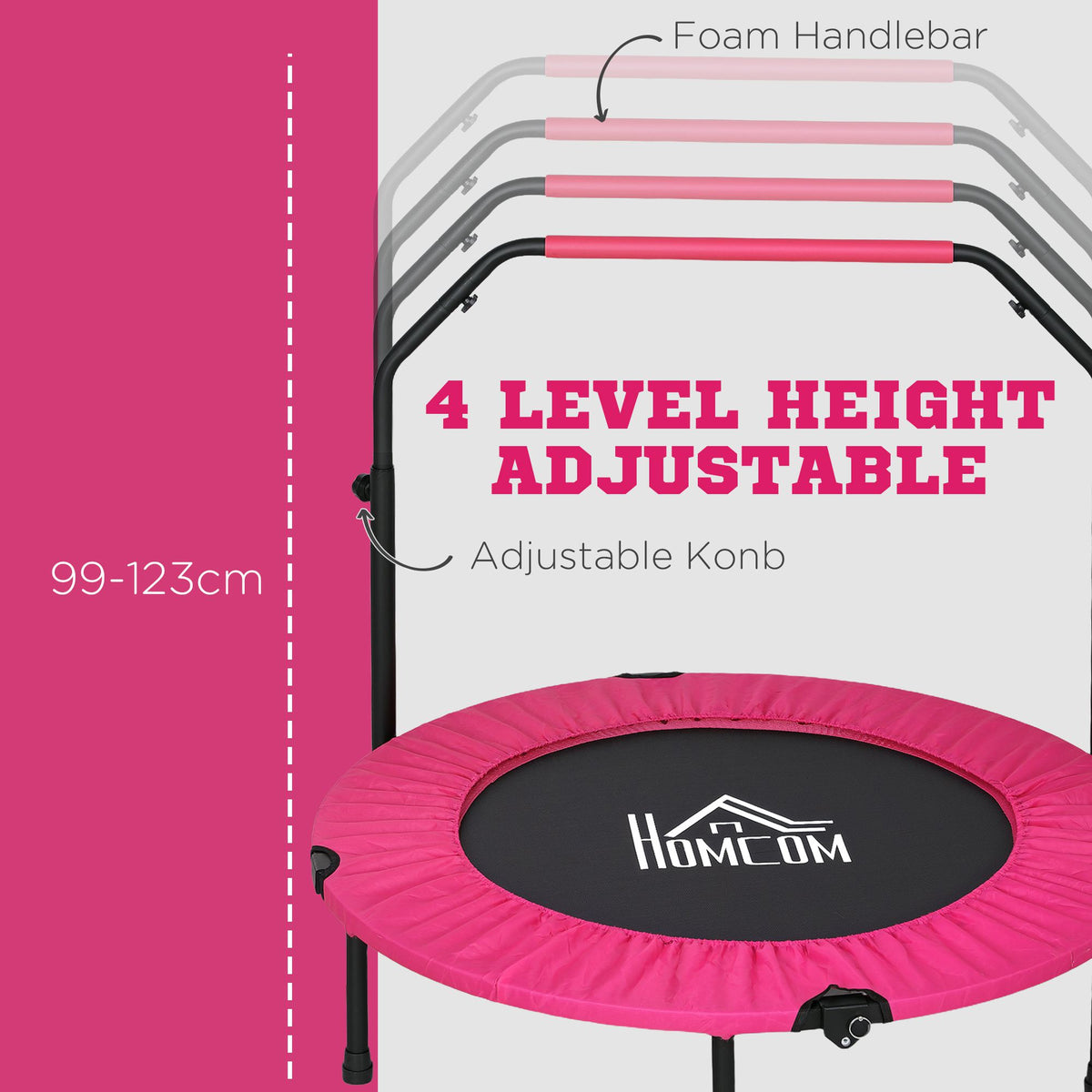 40" Foldable Mini Fitness Trampoline, with Adjustable Foam Handle, Pink