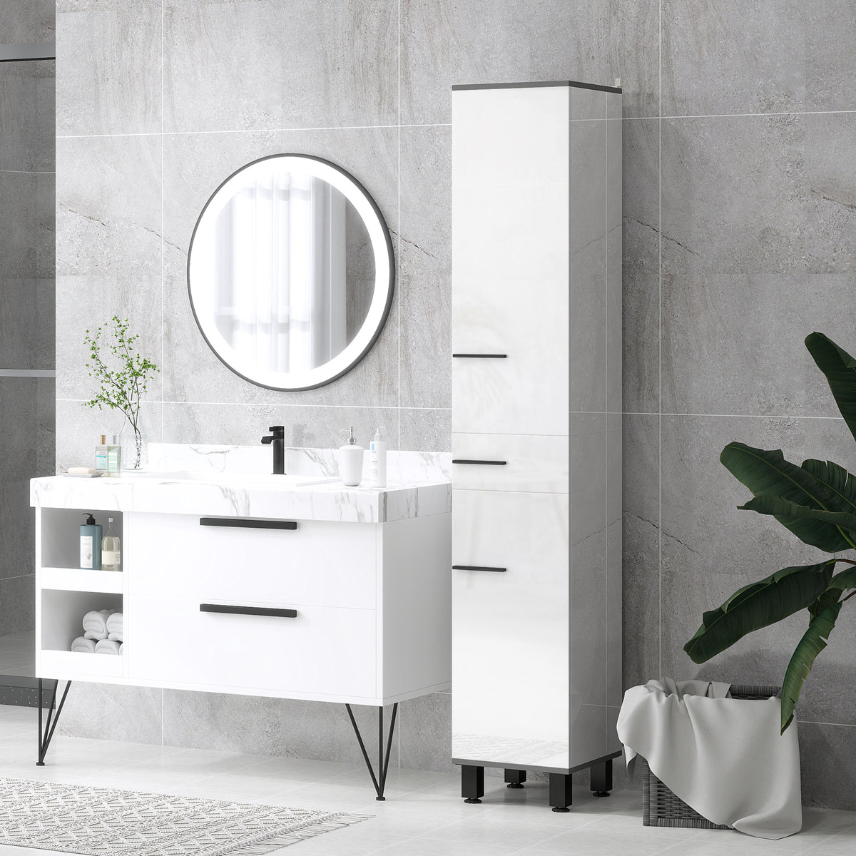 190cm Slim Bathroom Storage Cabinet - White
