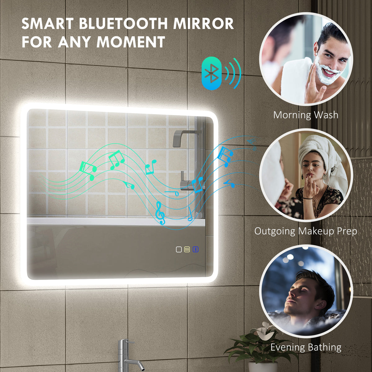 80 x 60cm LED Bathroom Mirror, with Bluetooth - Silver Tone
