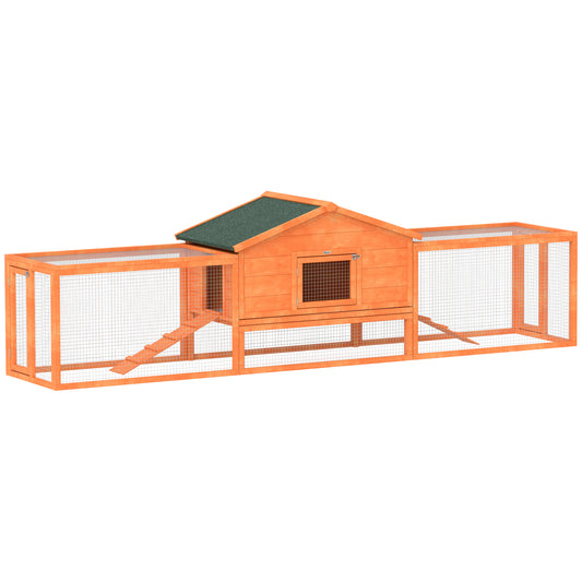 Wooden Rabbit Hutch with Run, Tray, Ramps, Asphalt Roof, 309 x 70 x 87cm, Orange