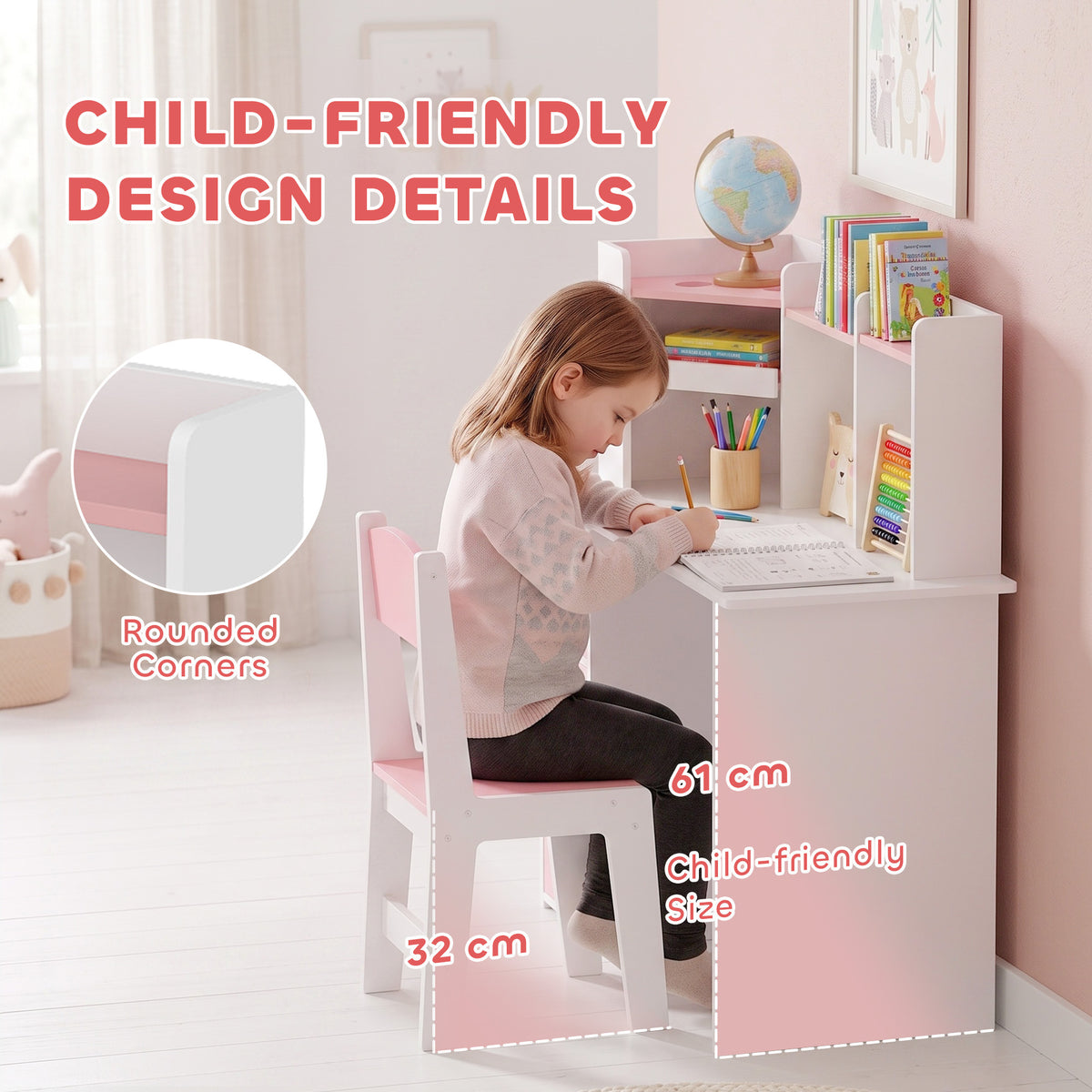 Kids Desk and Chair Set Storage Shelves Kids Desk Adjustable Tablet Stand Cork Board Pen Holder Pink