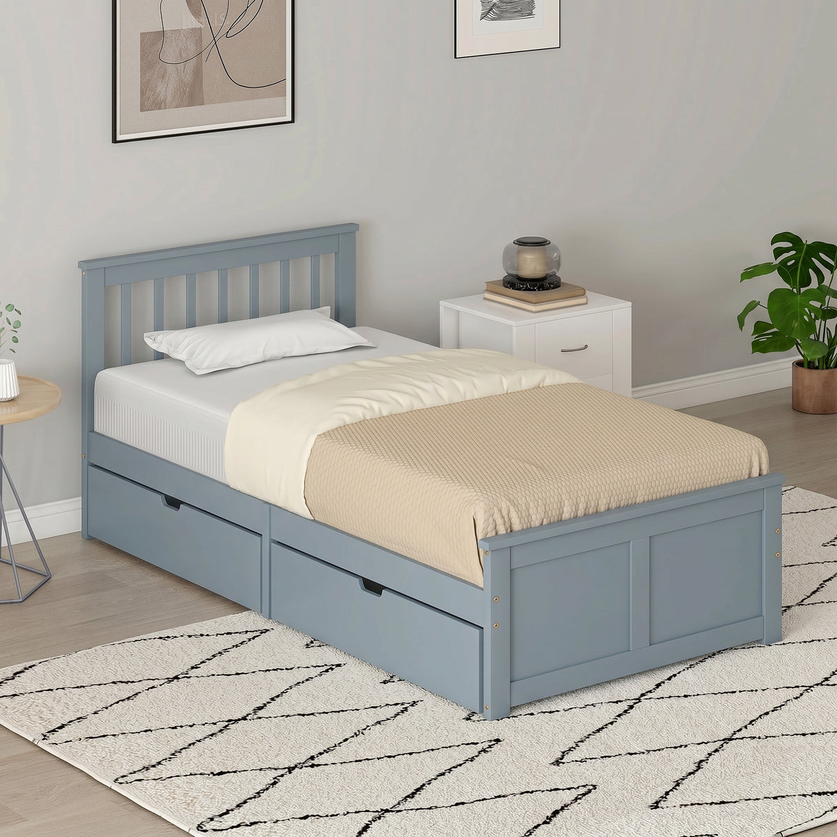 Pine Storage Bed, 3ft Single Solid Wooden Bed Frame with Drawers, Headboard, Wood Slat Support
