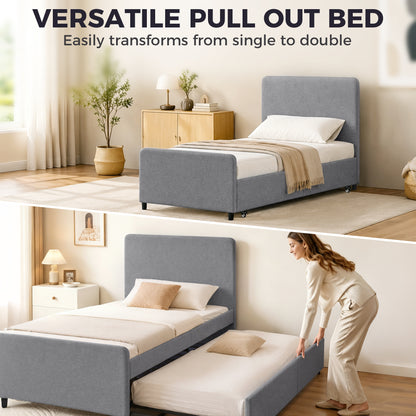 3ft Single Bed Frame with Trundle, Upholstered Pull Out Trundle Bed with Headboard and Footboard