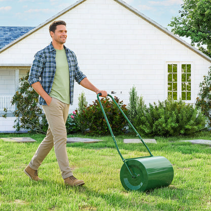 63 L Garden Lawn Roller with Water/Sand Filled Drum, Heavy Duty Steel Lawn Push Rolling Tool for Grass Seeding, Soil Levelling, Dark Green