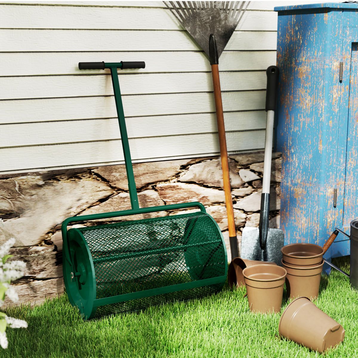 Compost Spreader, 24" Peat Moss Spreader with Height Adjustable T Shaped Handle and Metal Mesh Basket, Garden Spreader for Seeding, Spreading Manure