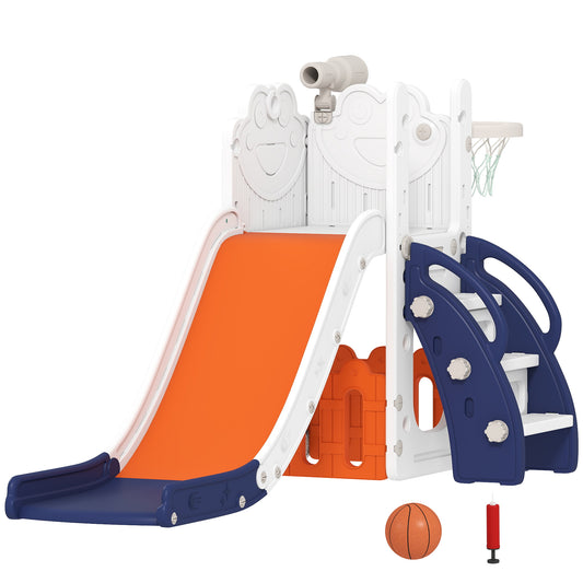 5 in 1 Kids Slide Set with Basketball Hoop, Climbing Frame, Telescope, Storage Box for Toddlers Ages 1-3
